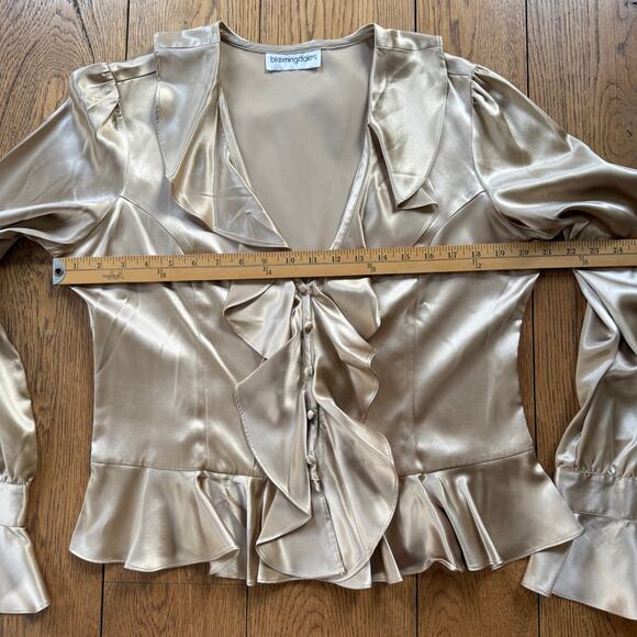 Vintage Satin Ruffle Peplum Blouse SZ L Poet Sleeve Tan V Neck Button Up Romanti - Picture 6 of 8